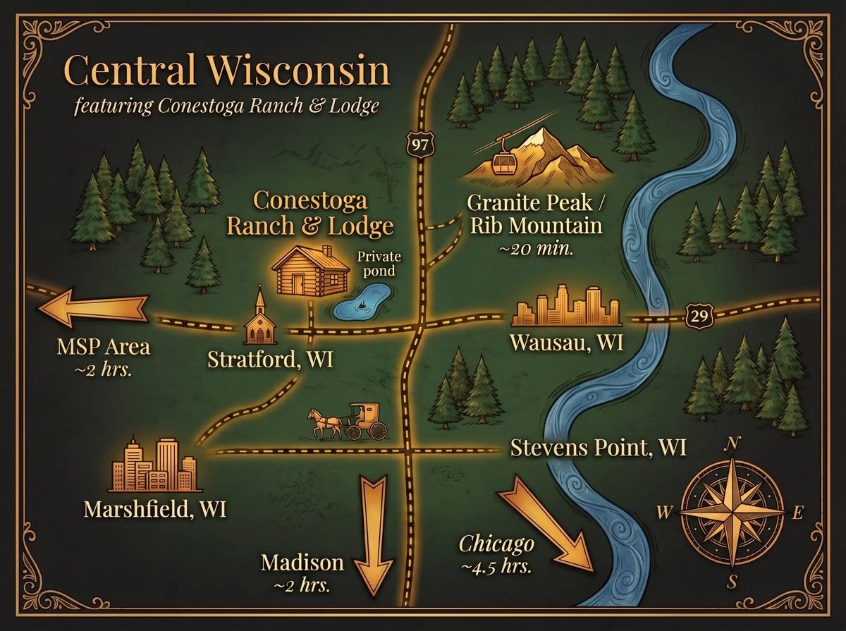 Illustrated map of Conestoga Ranch & Lodge near Stratford, WI showing Granite Peak, Wausau, Stevens Point, Madison, MSP, Chicago and Wisconsin River